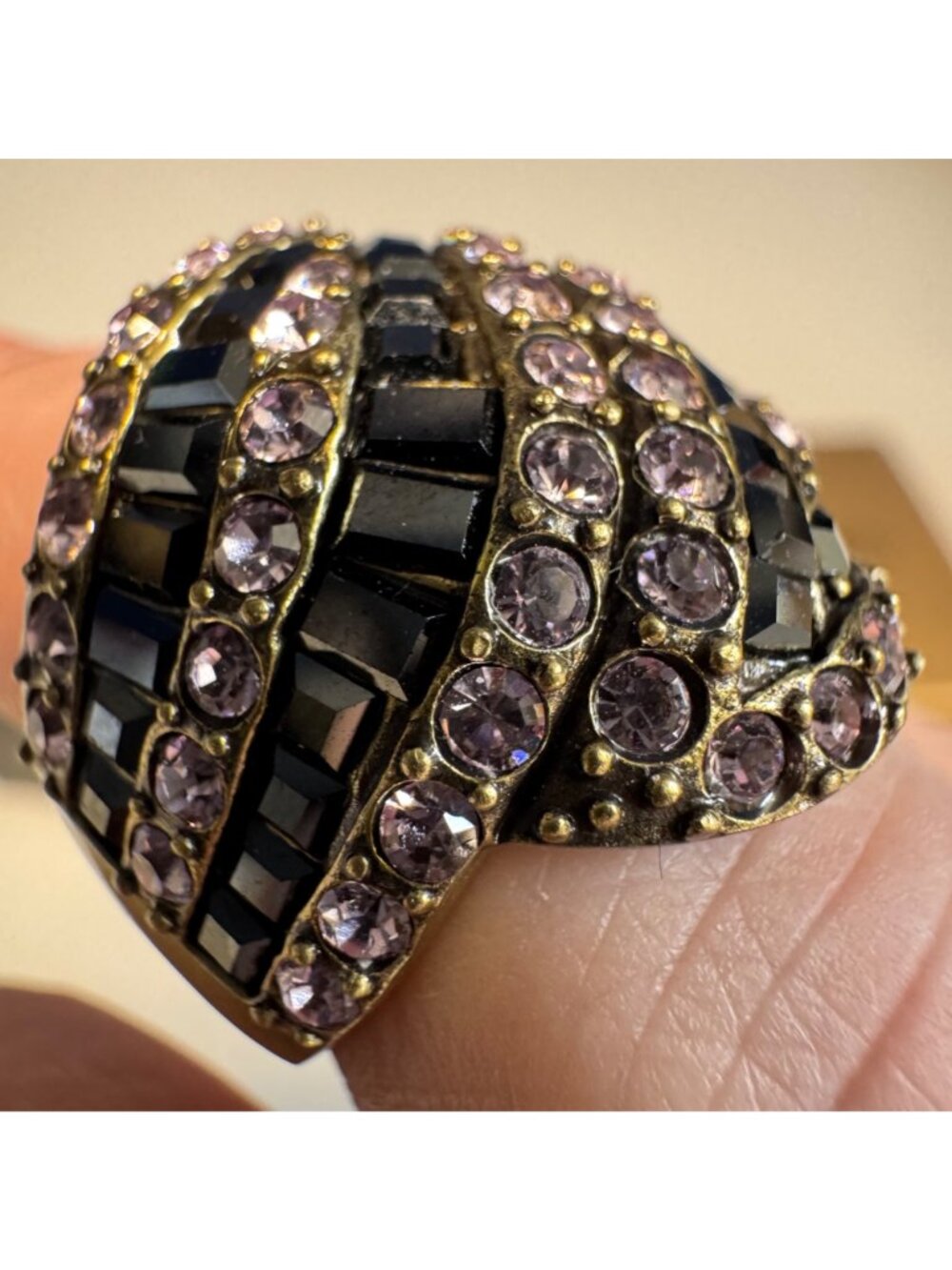 Heidi Daus Crystal Pave Art Deco Black & Pink Striped Stone Ring In Box - Picture 4 of 12